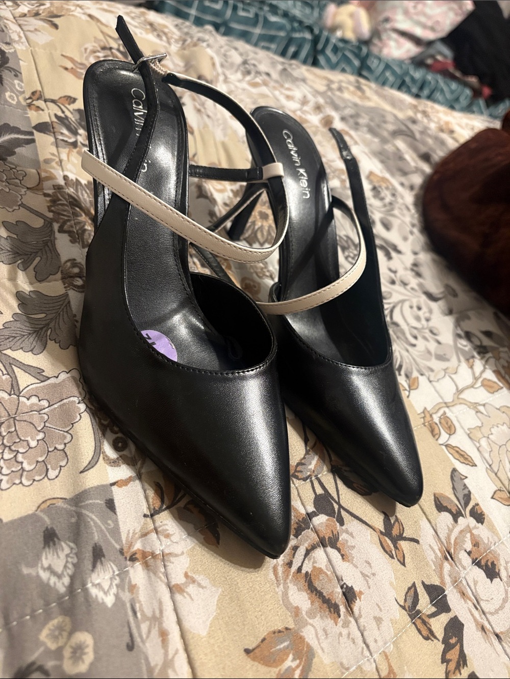 Calvin Klein Black Pointed-Toe Slingback Pumps with Cream Strap Accent
